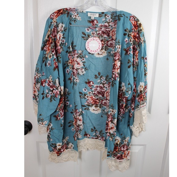 Umgee Other - Umgee Teal Floral Lace Kimono Cardigan Boho Bohemian Lightweight Duster Size M